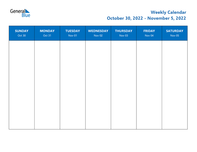 Weekly Calendar - October 30, 2022 to November 5, 2022 - (PDF, Word, Excel)