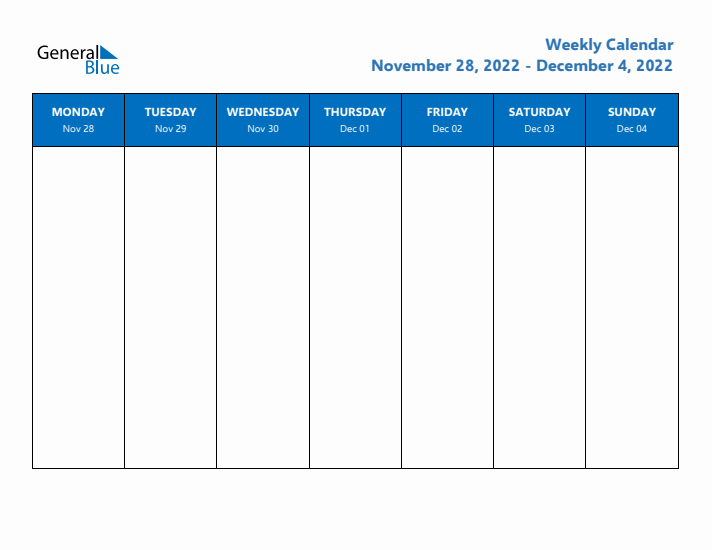 Weekly Calendar with Monday Start for Week 48 (November 28, 2022 to