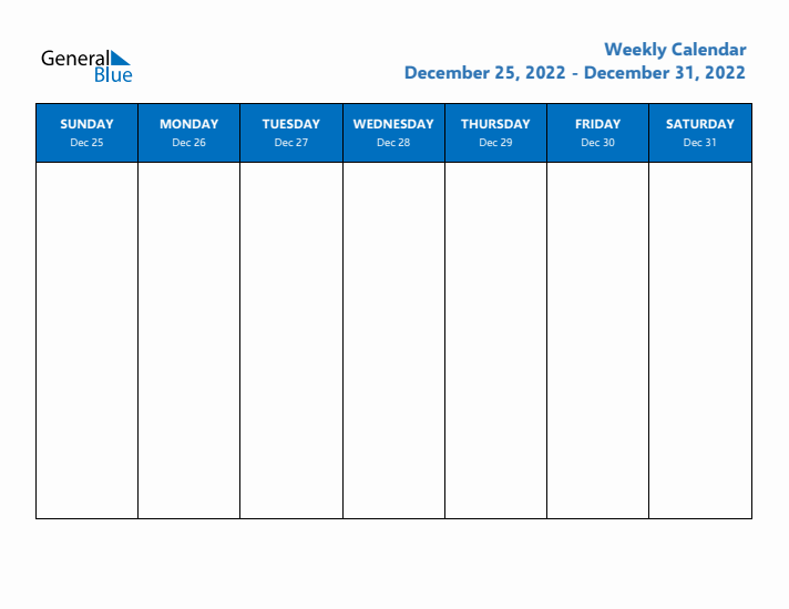 Free Editable Weekly Calendar with Sunday Start - Week 53 of 2022
