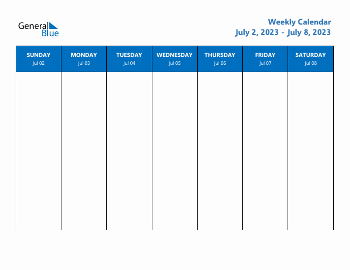 Free Weekly Calendar with Sunday Start - Week 27 of 2023