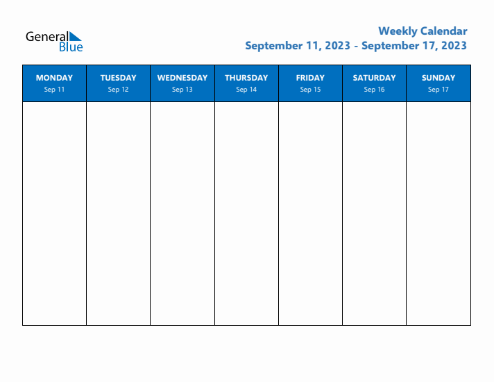Weekly Calendar with Monday Start for Week 37 (September 11 2023 to