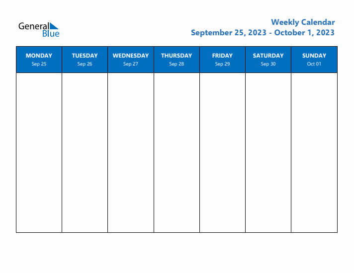Free Editable Weekly Calendar with Monday Start - Week 39 of 2023