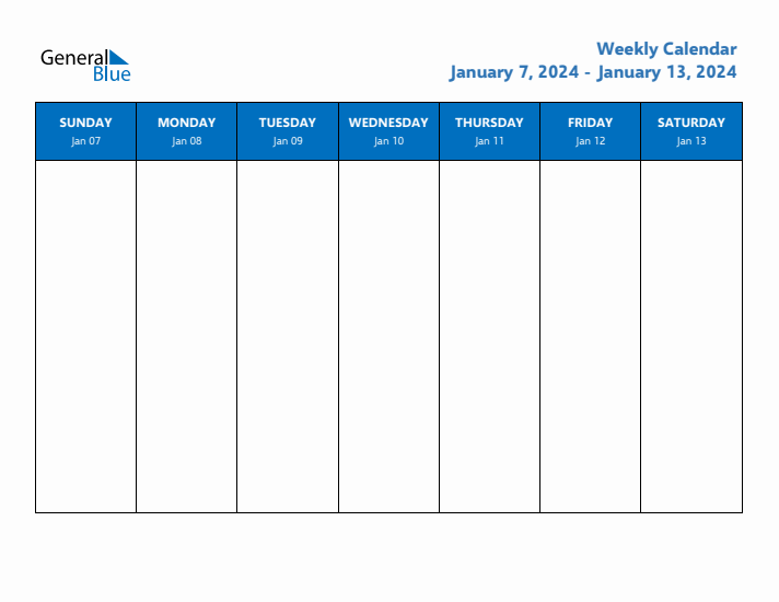 Free Editable Weekly Calendar with Sunday Start - Week 2 of 2024