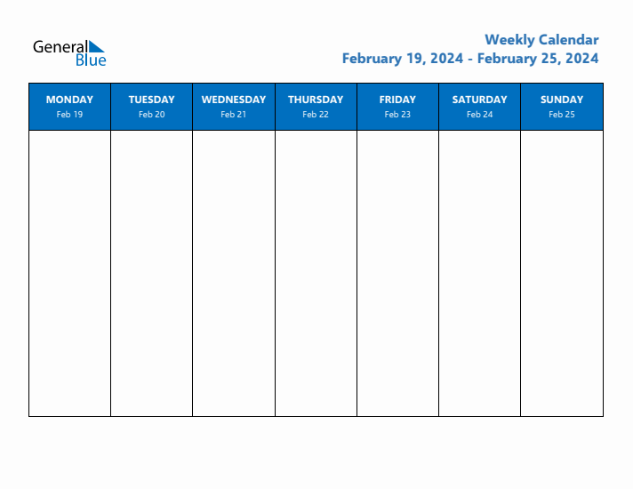 Weekly Calendar with Monday Start for Week 8 (February 19, 2024 to