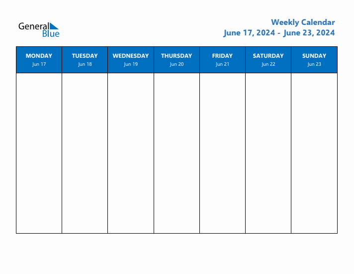 Weekly Calendar with Monday Start for Week 25 (June 17, 2024 to June 23