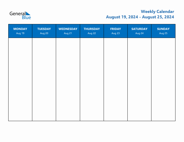 Weekly Calendar with Monday Start for Week 34 (August 19, 2024 to