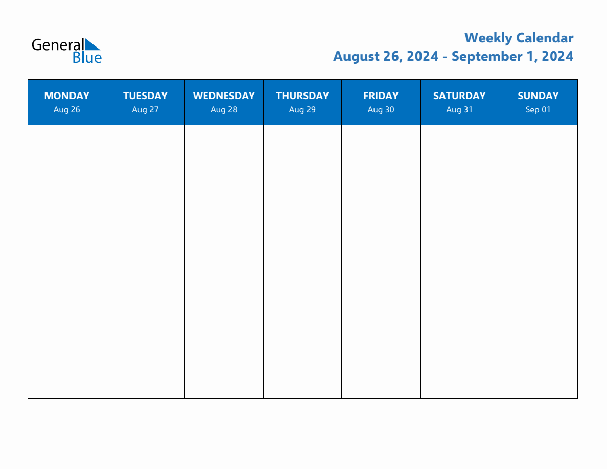 Weekly Calendar with Monday Start for Week 35 (August 26, 2024 to