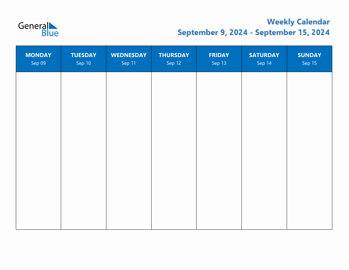 Weekly Calendar with Monday Start for Week 37 (September 9, 2024 to