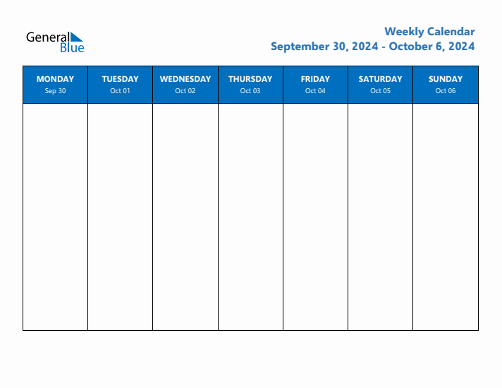 Weekly Calendar with Monday Start for Week 40 (September 30, 2024 to