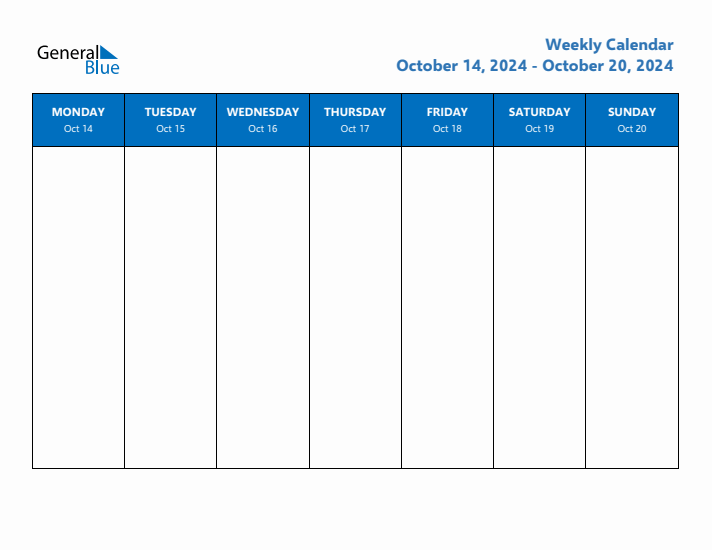 Weekly Calendar with Monday Start for Week 42 (October 14, 2024 to