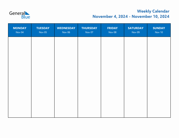 Weekly Calendar with Monday Start for Week 45 (November 4, 2024 to
