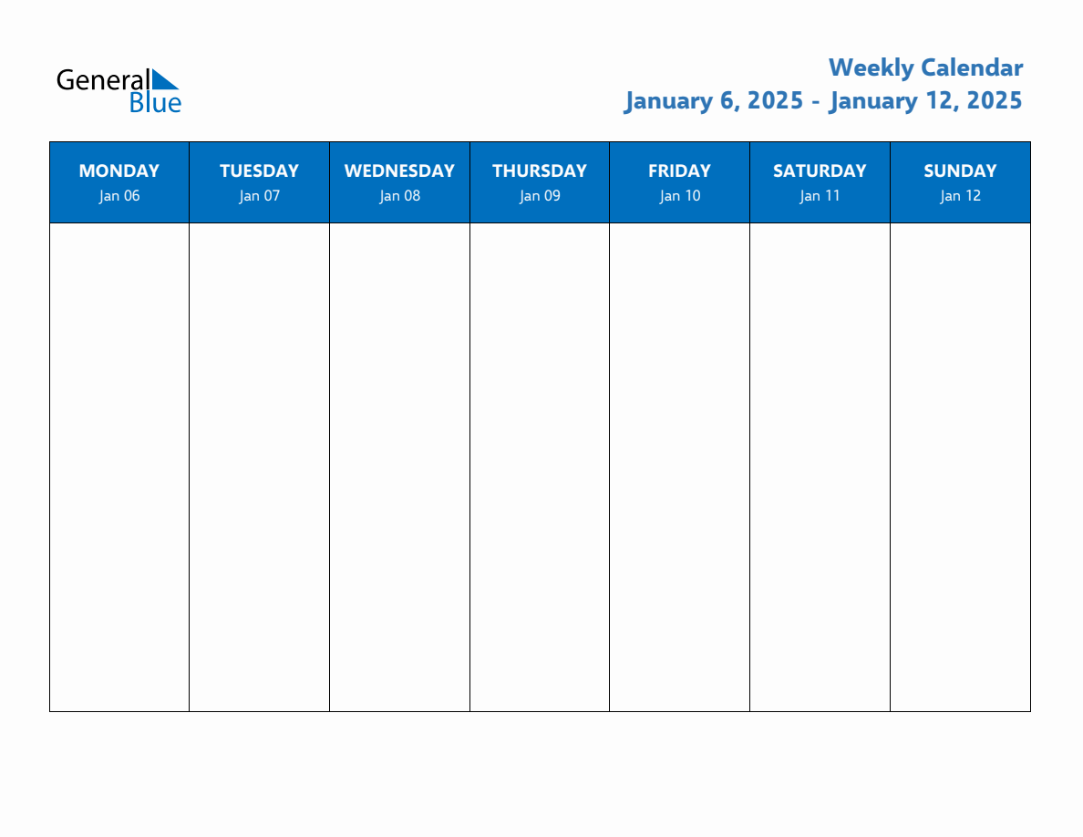 Weekly Calendar with Monday Start for Week 2 (January 6, 2025 to