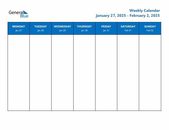 Weekly Calendar with Monday Start for Week 5 (January 27, 2025 to