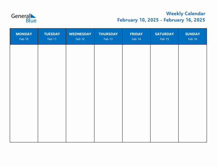 Weekly Calendar with Monday Start for Week 7 (February 10, 2025 to