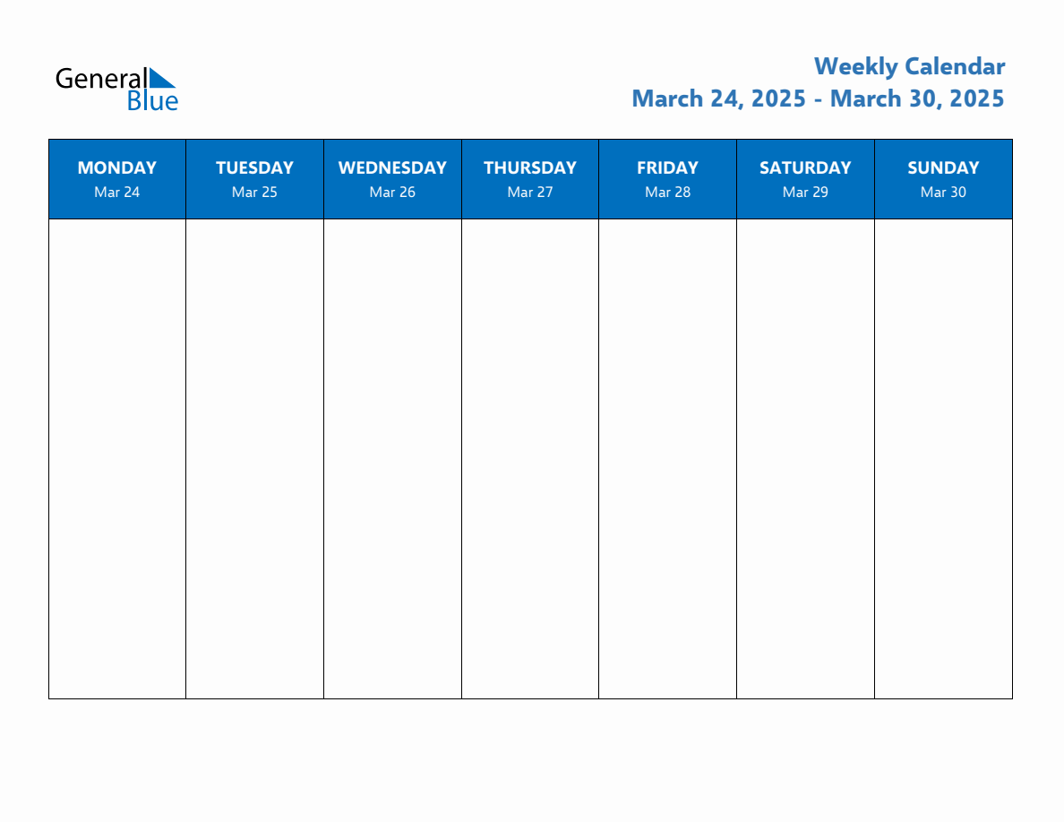 Weekly Calendar with Monday Start for Week 13 (March 24, 2025 to March