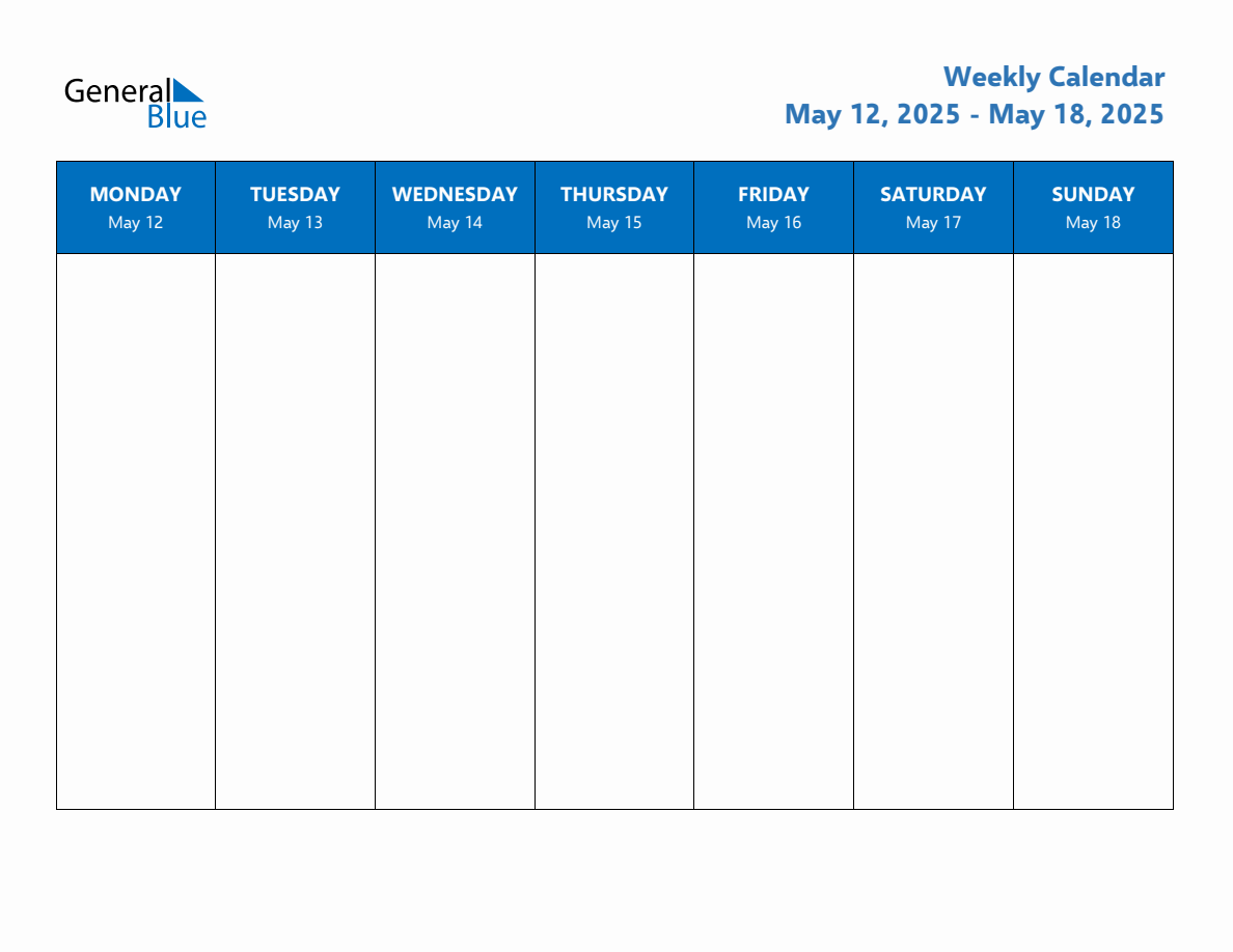 Weekly Calendar with Monday Start for Week 20 (May 12, 2025 to May 18