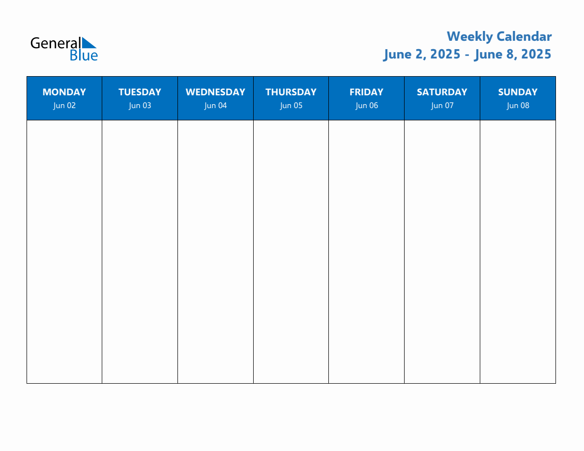 Weekly Calendar with Monday Start for Week 23 (June 2, 2025 to June 8