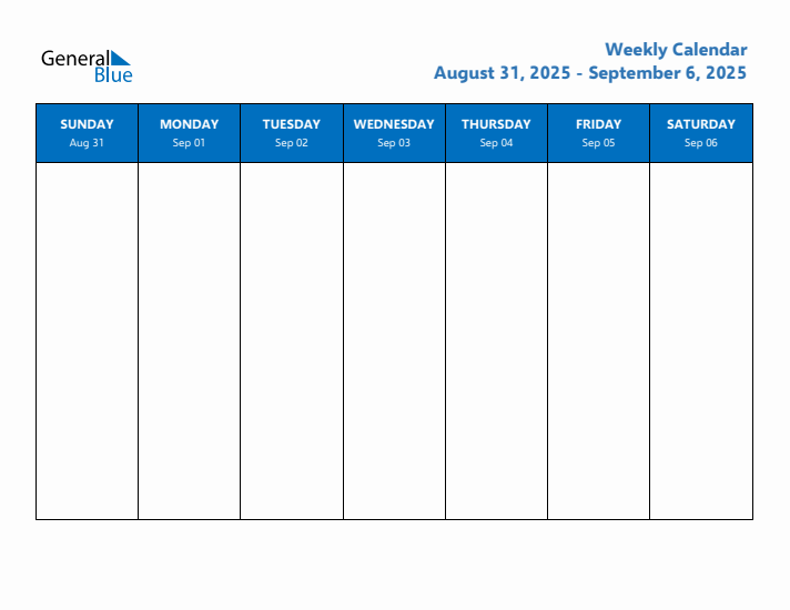 Free Editable Weekly Calendar with Sunday Start - Week 36 of 2025