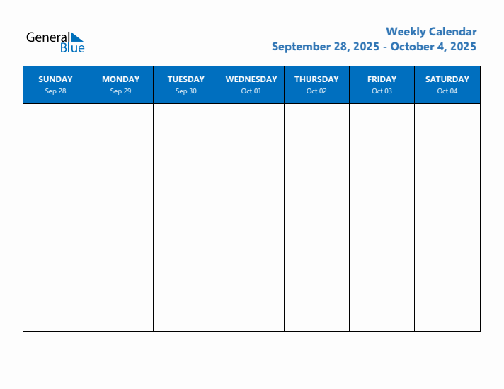Free Editable Weekly Calendar with Sunday Start - Week 40 of 2025