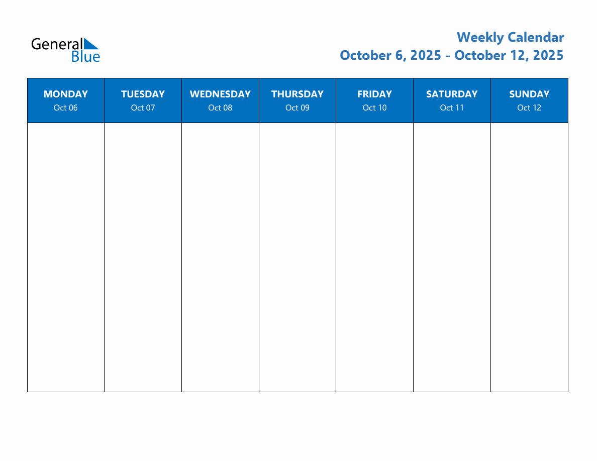 Weekly Calendar with Monday Start for Week 41 (October 6, 2025 to