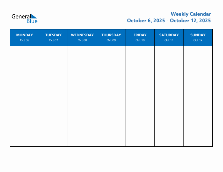 Weekly Calendar with Monday Start for Week 41 (October 6, 2025 to