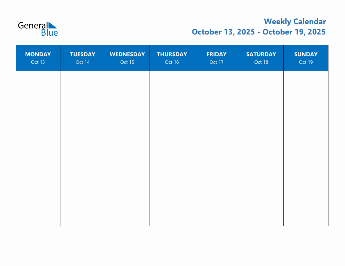 Weekly Calendar with Monday Start for Week 42 (October 13, 2025 to