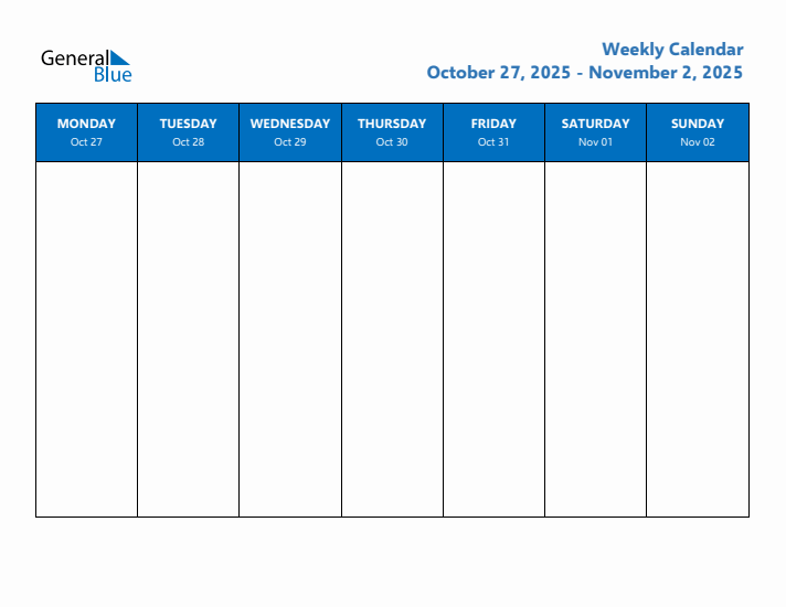 Free Editable Weekly Calendar with Monday Start - Week 44 of 2025