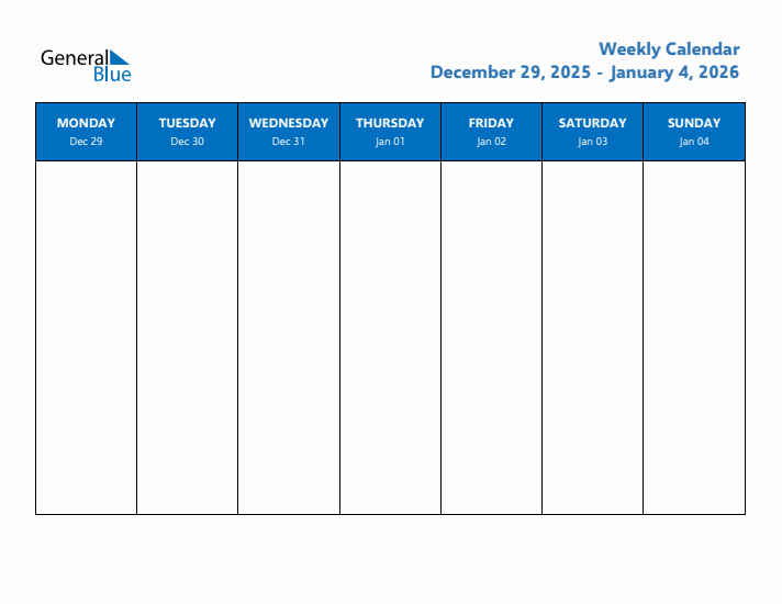Free Editable Weekly Calendar with Monday Start - Week 1 of 2026