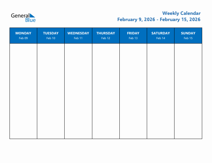 Free Editable Weekly Calendar with Monday Start - Week 7 of 2026