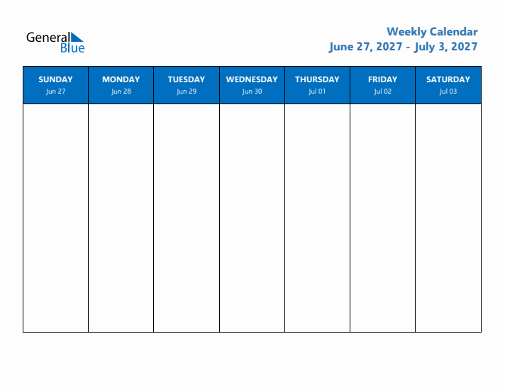 Free Editable Weekly Calendar with Sunday Start - Week 27 of 2027