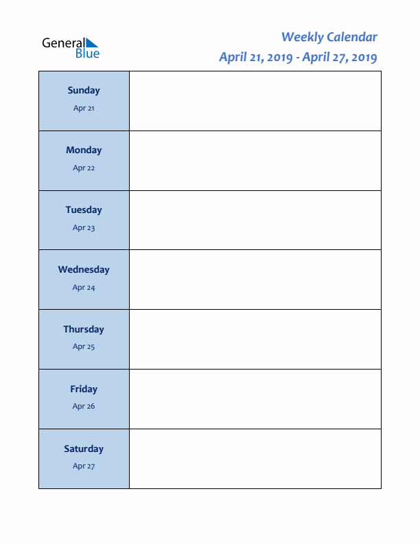 Weekly Planner for April 21 to April 27, 2019)