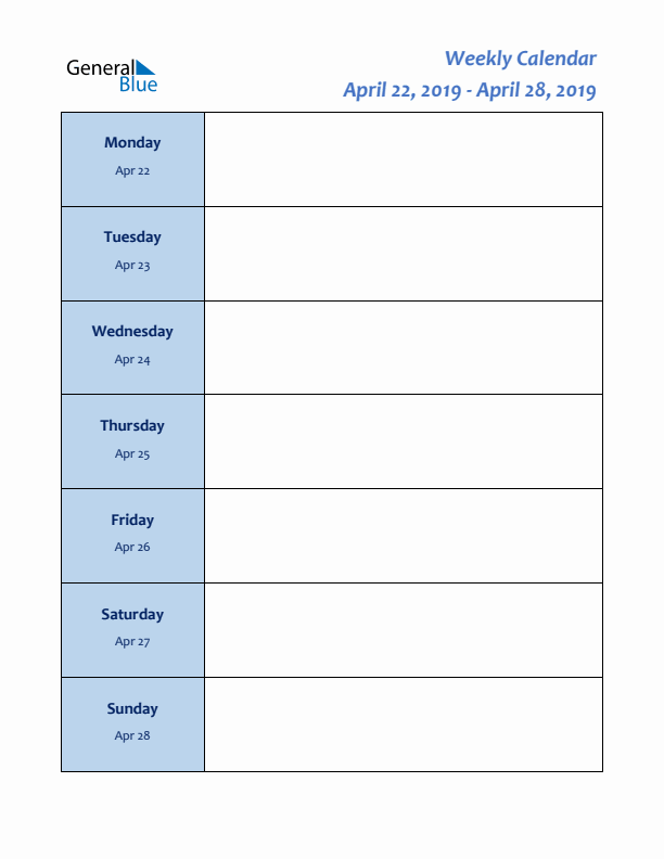 Weekly Planner for April 22 to April 28, 2019)