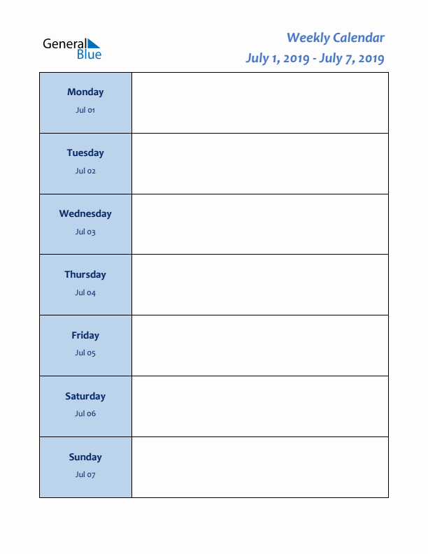 Weekly Planner for July 1 to July 7, 2019)