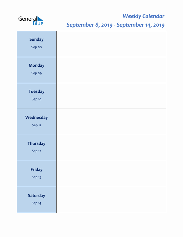 Weekly Planner for September 8 to September 14, 2019)