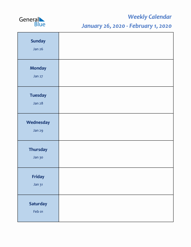 Weekly Calendar - January 26, 2020 to February 1, 2020 - (PDF, Word, Excel)