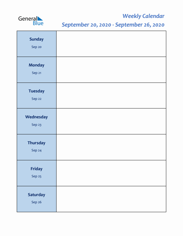 Weekly Planner for September 20 to September 26, 2020)