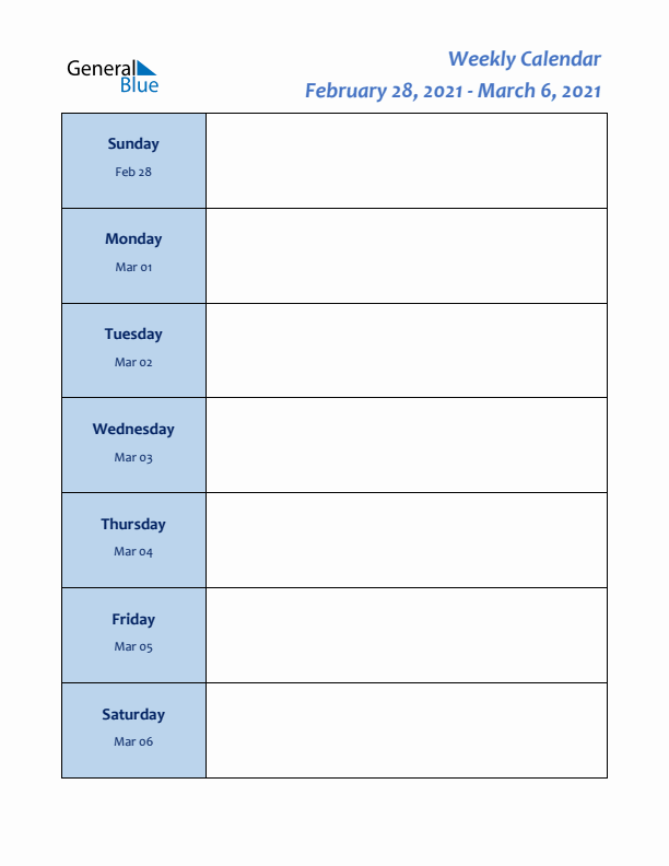 Weekly Calendar Printable for February 28 to March 6, 2021)