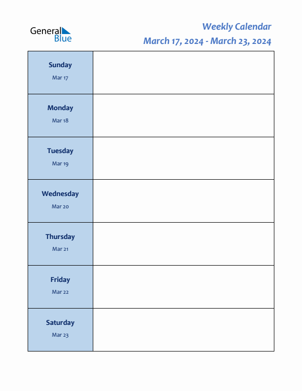 Weekly Calendar March 17, 2024 to March 23, 2024 (PDF, Word, Excel)