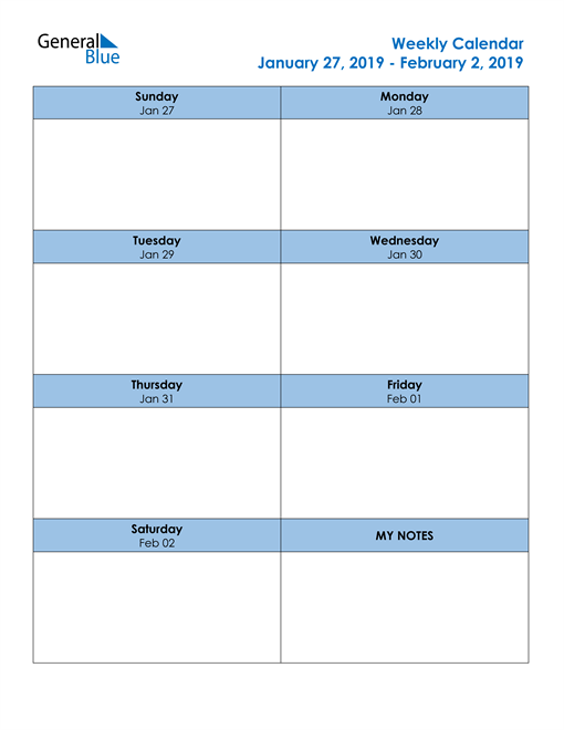 Weekly Calendar - January 27, 2019 to February 2, 2019 - (PDF, Word, Excel)