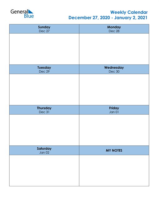 Weekly Calendar - December 27, 2020 to January 2, 2021 - (PDF, Word, Excel)