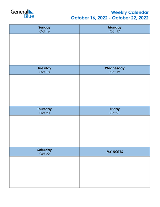 Weekly Calendar - October 16, 2022 to October 22, 2022 - (PDF, Word, Excel)