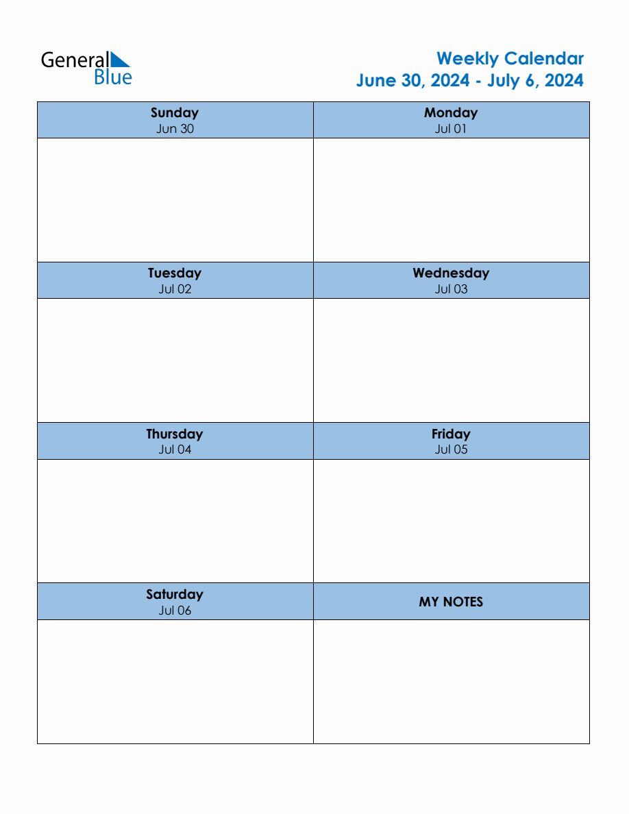 Editable Weekly Planner for the Week of June 30, 2024