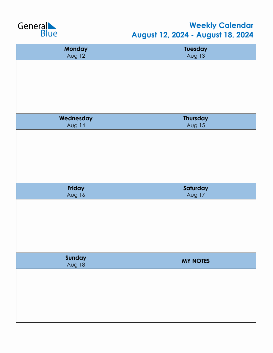 Editable Weekly Planner for the Week of August 12, 2024