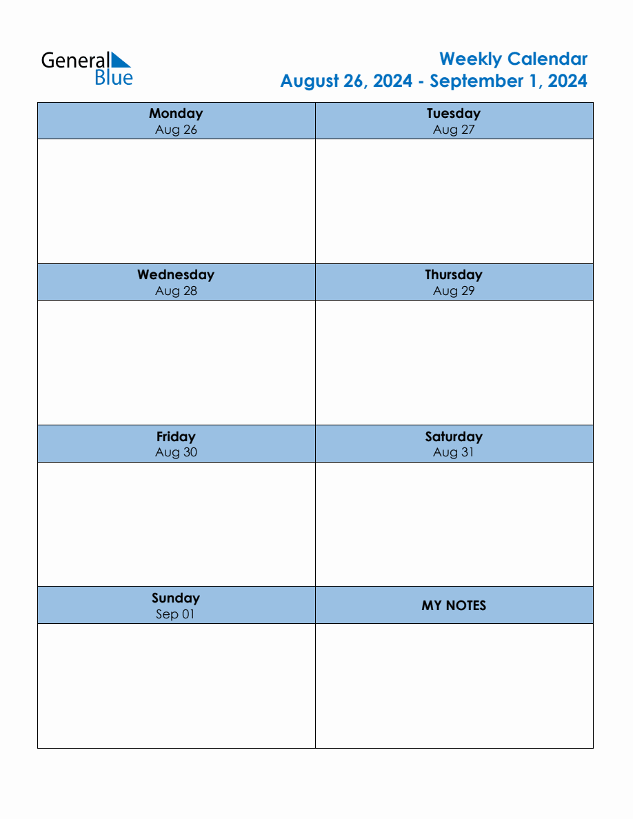 Editable Weekly Planner for the Week of August 26, 2024