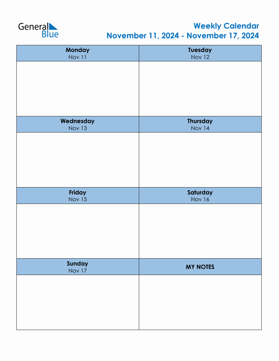 Editable Weekly Planner for the Week of November 11, 2024