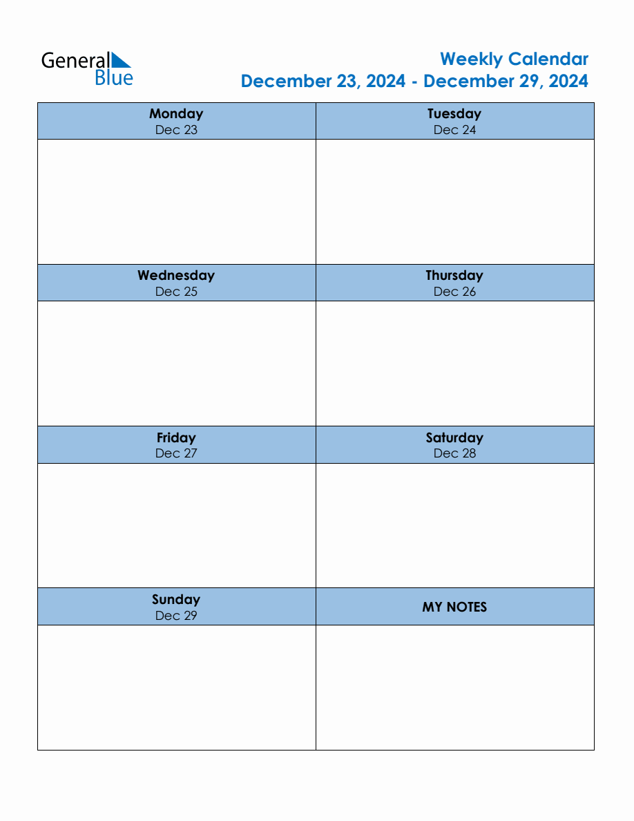 Editable Weekly Planner for the Week of December 23, 2024