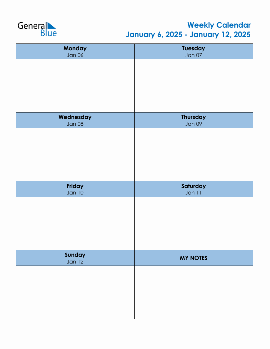 Editable Weekly Planner for the Week of January 6, 2025