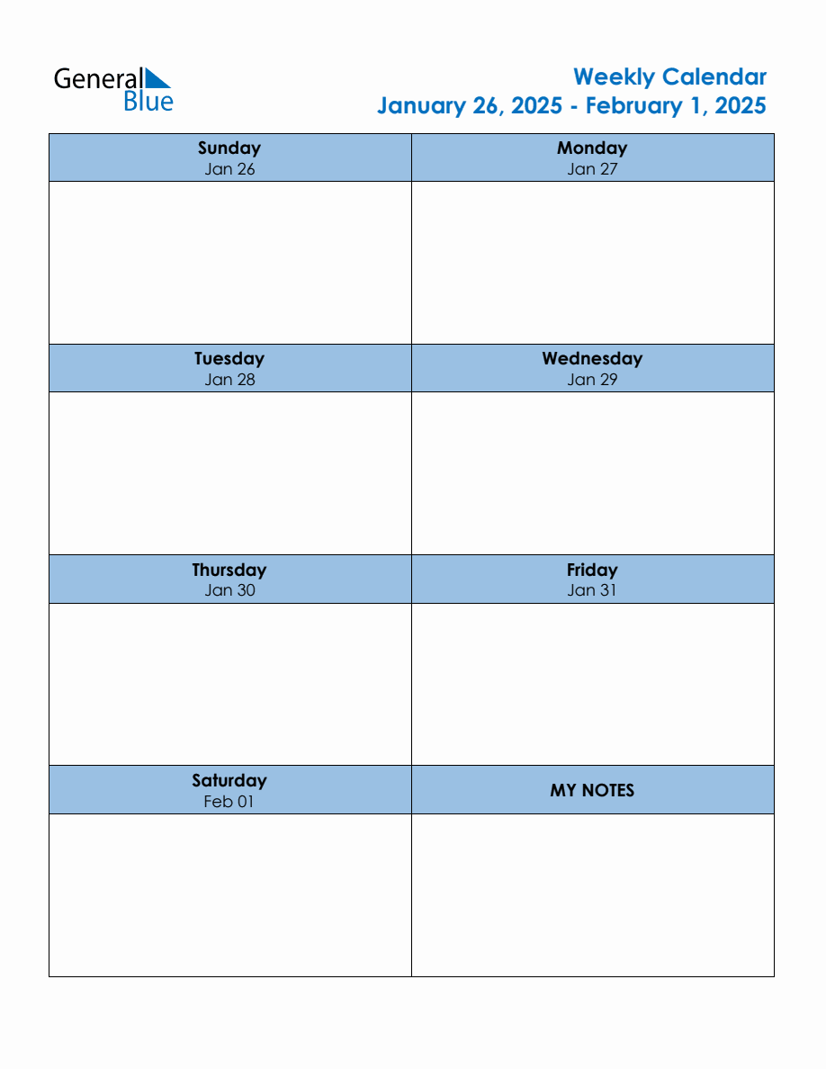 Editable Weekly Planner for the Week of January 26, 2025