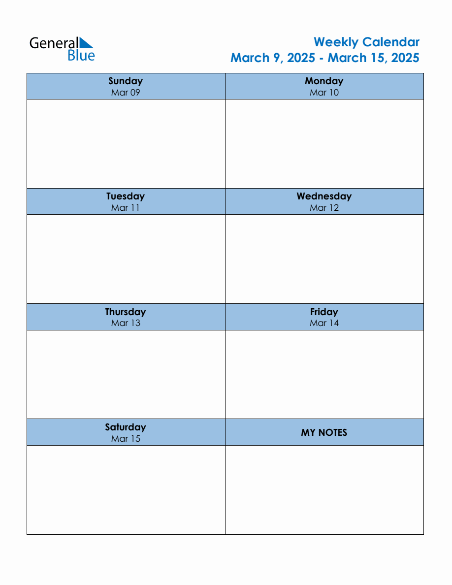 Editable Weekly Planner for the Week of March 9, 2025