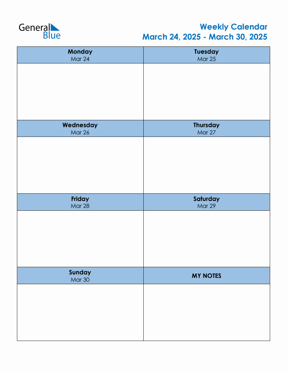 Editable Weekly Planner for the Week of March 24, 2025